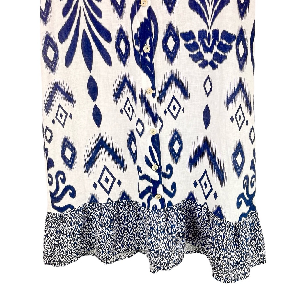 Luisa Perla 100% Linen Dress Sleeveless Blue White Ikat Print Resort Chic Sz S - Picture 4 of 12